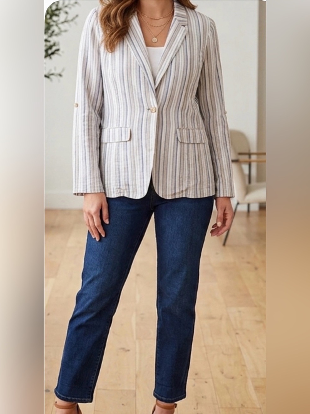 Linen Blend Blue and White Striped Blazer